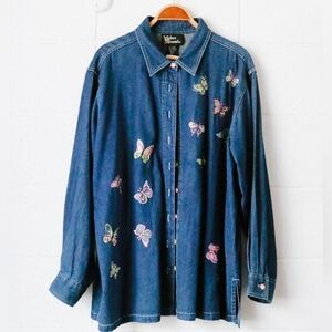 Embroidered Butterfly Denim Button Down Shirt